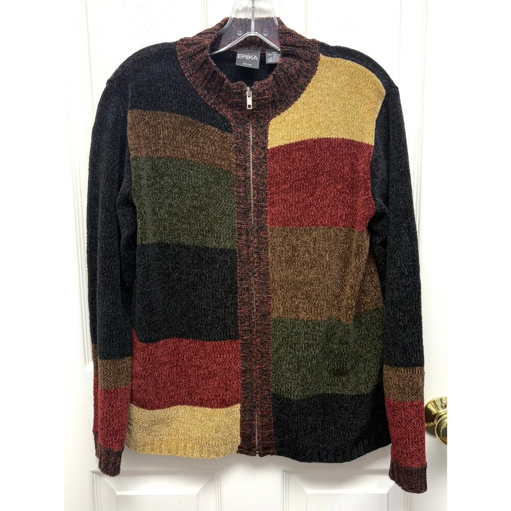 Erika Full Zip Cardigan Velour Yarn Block Pattern Mock Turtleneck Womens Size PM